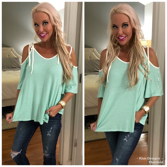 😊LAST 2! Self Tie Bow Tunic in Mint w/Stripes! - Picture 5 of 5